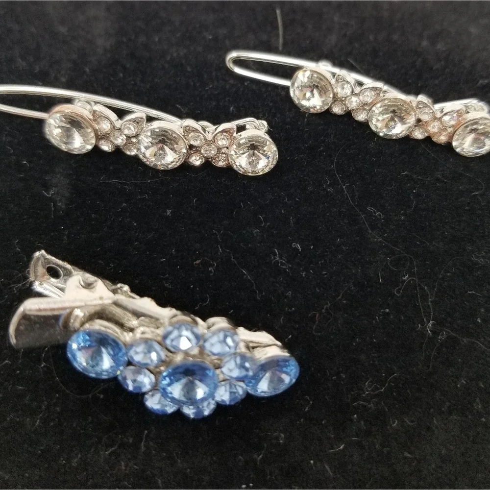 Set/3 Hair Baretts‎ & Bracelet Blue Clear Stone